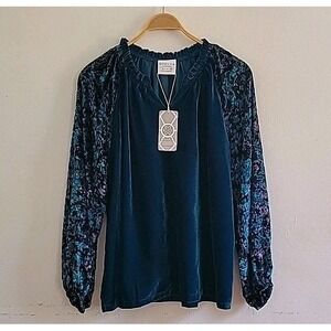 Bohera Zandra Velvet V Neck Blouse XL NEW Floral Burnout Balloon‎ Sleeves Party